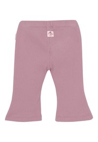 Kinder-Rippstrickhose in sanftem Pink mit einem kleinen Blumen-Logo-Tag in der Mitte des Vorderbundes.