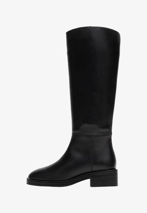 Black leather knee-high boot with a rounded toe and stacked heel. Smooth texture, minimal detailing, and a sleek silhouette.