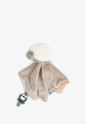 Pluche lam beveiligingsdeken in beige met een zachte, gestructureerde oppervlakte. Voorzien van een gestikt gezicht, lichtgrijze oren en een groene fopspeenclip.