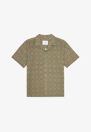 Camicia a maniche corte con motivo geometrico in arancione, turchese e crema. Realizzata in tessuto leggero, presenta un colletto aperto e bottoni frontali.