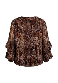 Brown snake print blouse with ruffled three-quarter sleeves, soft fabric, and a round neckline. Features intricate texture and pattern details.