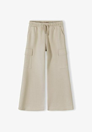 Beige cargo-broek met brede pijpen, elastische tailleband, trekkoord, zijzakken en klepzakken op beide benen.