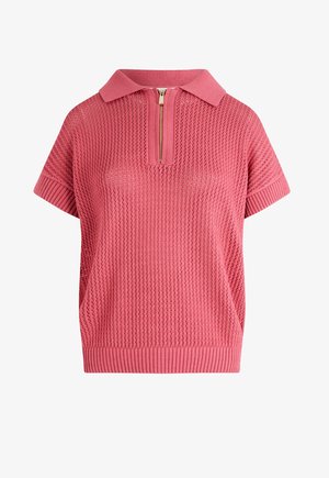Rosa gestricktes Poloshirt mit durchgehendem Reißverschluss, kurzen Ärmeln und gerippten Akzenten. Verfügt über ein offenes Netzdesign für Atmungsaktivität.