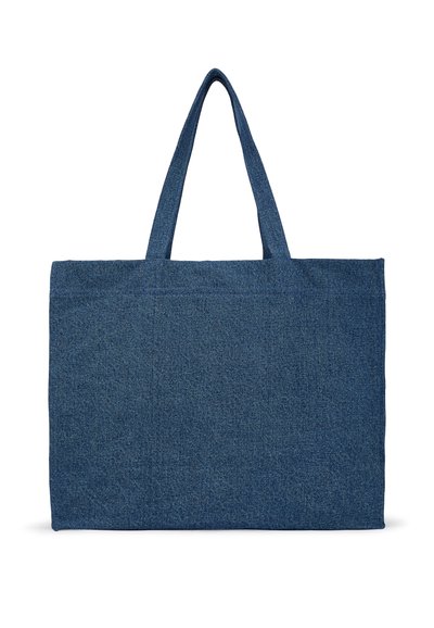 Sac en toile en denim bleu avec deux poignées, de forme rectangulaire, en tissu texturé et coutures surpiquées, avec un extérieur uni et sans ornement.