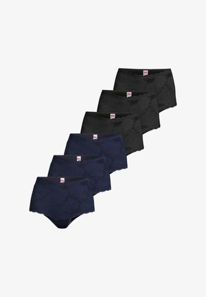 Tre sorte og tre mørkeblå blonder kvinders højtaljede trusser arrangeret i to diagonale rækker mod en hvid baggrund.