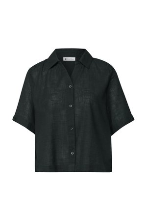 Chemise noire en lin à manches courtes avec col, fermeture boutonnée sur le devant et tissu décontracté légèrement texturé.