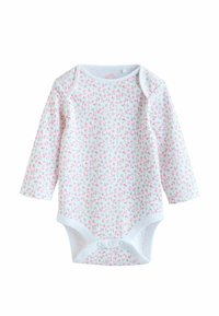 Białe body z długim rękawem w różowy kwiatowy wzór, z zapięciami na zatrzaski na dole i wykonane z miękkiej bawełny. Wykończone białą lamówką.