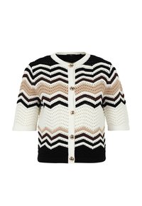 Strik cardigan med et zigzag mønster i creme, brun og sort. Korte ærmer, rund halsudskæring og store guldfarvede knapper.