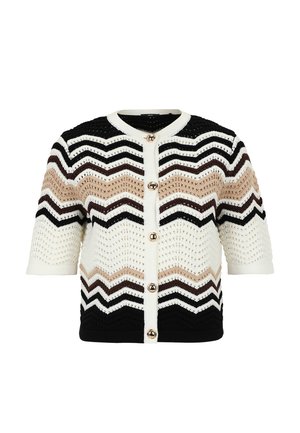 Knitted cardigan featuring a chevron pattern in cream, brown, and black. Short sleeves, round neckline, and large gold-tone buttons.