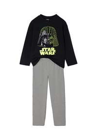 Black long-sleeve shirt with a green Darth Vader graphic and "STAR WARS" text, paired with grey elastic-waist pants. Cotton blend fabric.