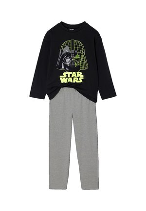 Black long-sleeve shirt with a green Darth Vader graphic and "STAR WARS" text, paired with grey elastic-waist pants. Cotton blend fabric.
