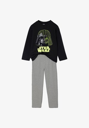 Black long-sleeve shirt with a green Darth Vader graphic and "STAR WARS" text, paired with grey elastic-waist pants. Cotton blend fabric.