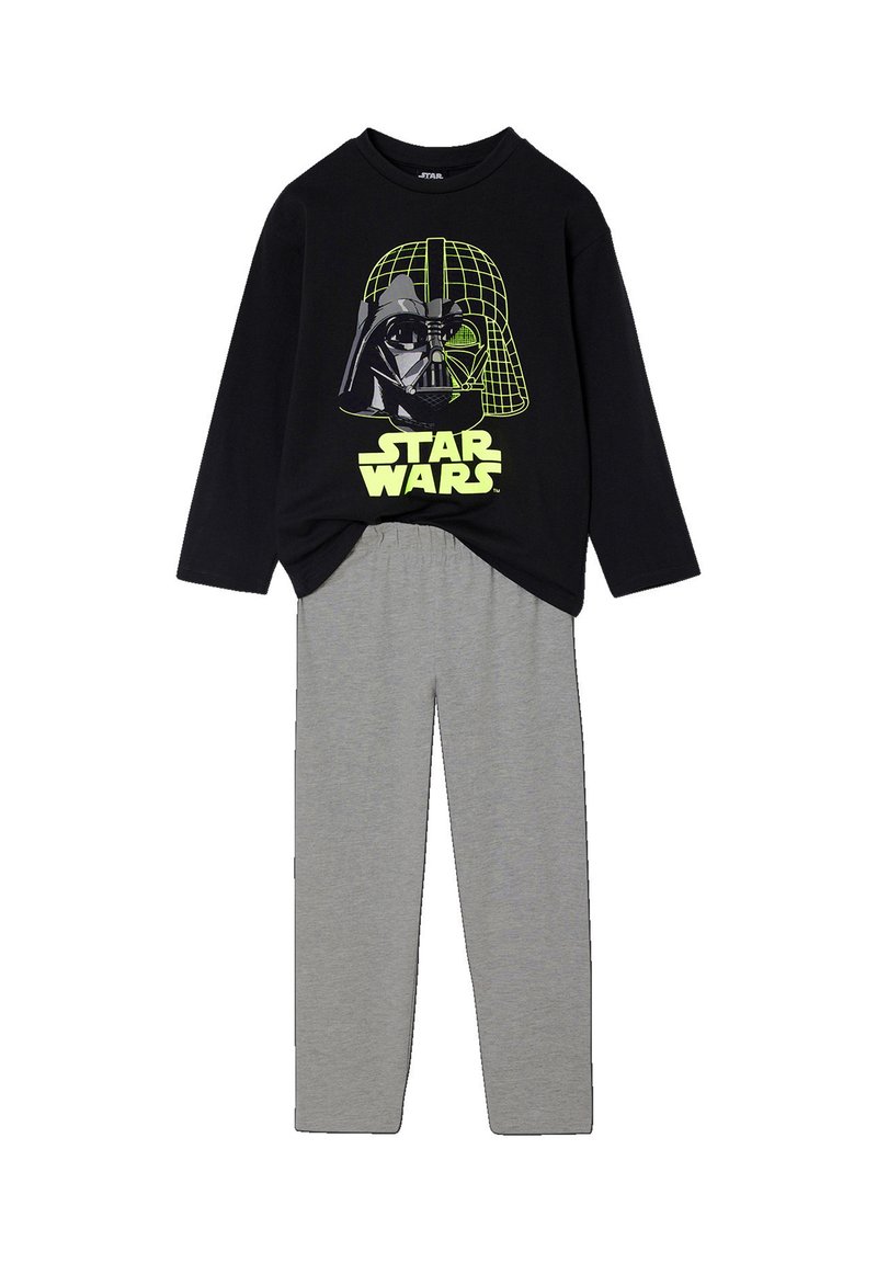 Black long-sleeve shirt with a green Darth Vader graphic and "STAR WARS" text, paired with grey elastic-waist pants. Cotton blend fabric.