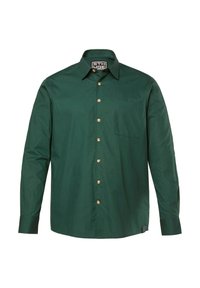 Grünes, langärmliges Button-Down-Hemd aus Baumwolle, mit einer Brusttasche, klassischem Kragen und goldenen Knöpfen auf der Vorderseite. Glatte Textur.