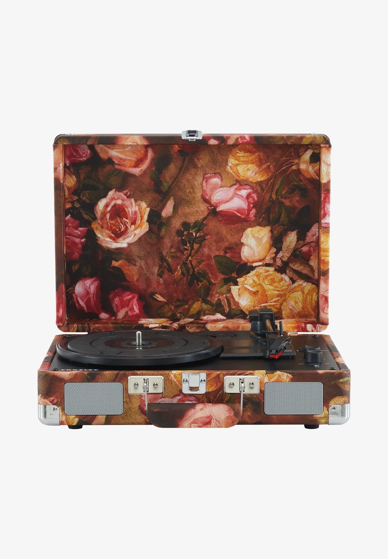 Portable turntable with a floral rose-patterned exterior, black platter, silver hardware, and a sleek design. Features dual speakers and control knobs.