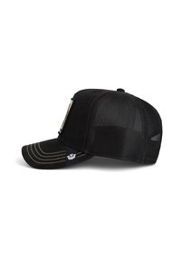 Black cap with a suede front, mesh back, and curved brim. Features gold stitching and a logo tag on the side.