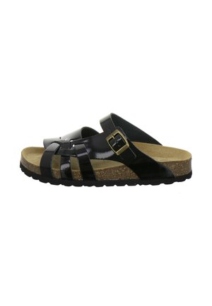 Black slip-on sandal with multiple glossy straps, a gold buckle, and a cork footbed on a black rubber sole.