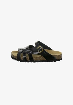 Black slip-on sandal with multiple glossy straps, a gold buckle, and a cork footbed on a black rubber sole.