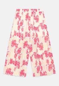 Szerokie, plisowane spodnie w kwiatowy różowy wzór na białym i jasnolimonkowym tle, z elastycznym paskiem w talii.