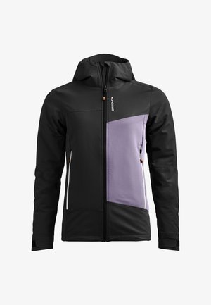 Black and lavender jacket with a zip closure, hood, and side pockets. Features color blocking design and contrasting zippers.