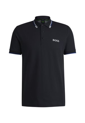 Polo nero con abbottonatura a tre bottoni, colletto a contrasto e polsini con dettagli blu. Caratterizzato dal logo 'BOSS' in bianco.