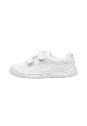 Zapatilla blanca con dos tiras ajustables de velcro, suela de goma y logo en relieve en el lateral, mostrada desde el lado exterior.