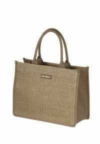 Sac cabas tissé beige avec accents en cuir brun lisse, design structuré et double poignée. Présente une plaque avec le logo de la marque à l'avant.