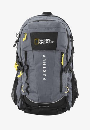 Gray fabric backpack featuring the "National Geographic" logo, mesh side pockets, yellow accents, and adjustable straps with hardware.