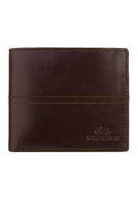 Portefeuille en cuir marron avec une texture lisse, présentant des coutures contrastées et un logo embossé dans le coin inférieur droit.