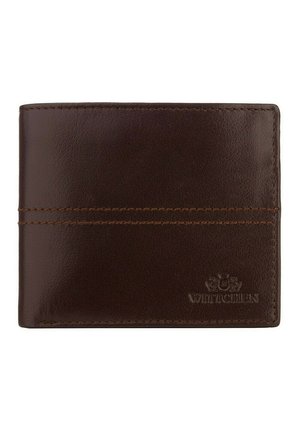 Brown leather wallet with a smooth texture, featuring contrasting stitching and a logo embossed on the lower right corner.