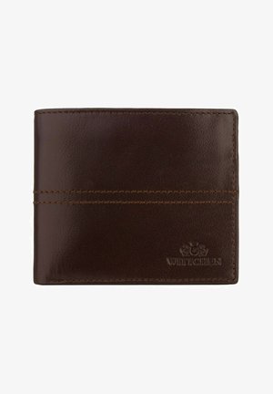 Portefeuille en cuir marron avec une texture lisse, présentant des coutures contrastées et un logo embossé dans le coin inférieur droit.