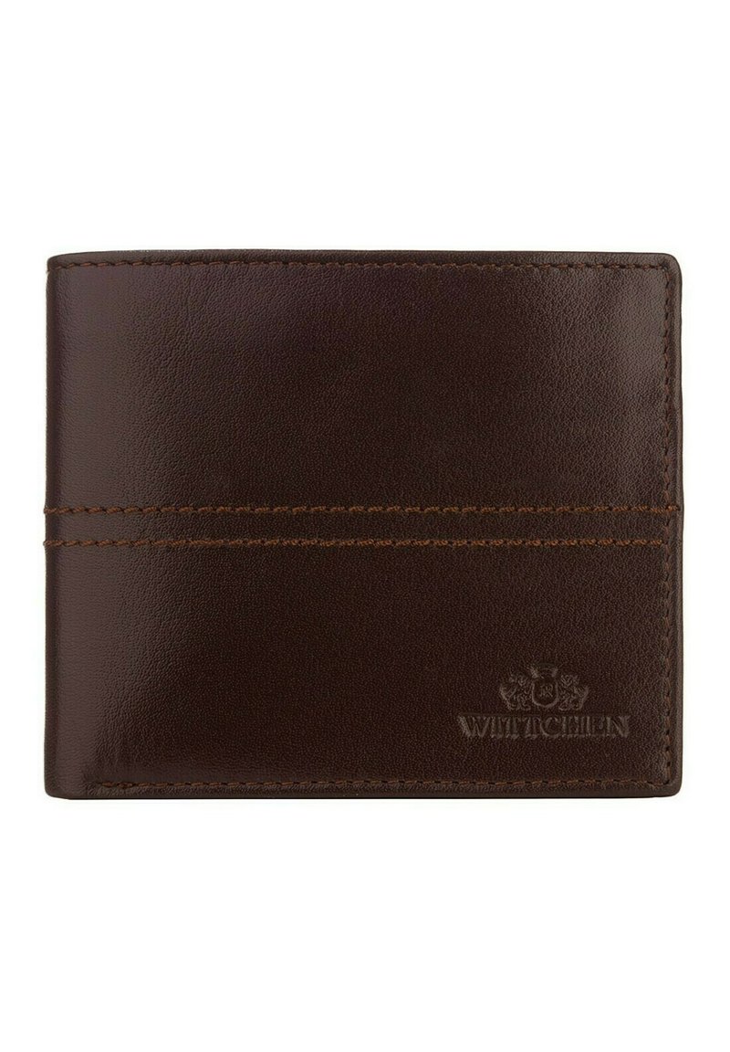 Portefeuille en cuir marron avec une texture lisse, présentant des coutures contrastées et un logo embossé dans le coin inférieur droit.