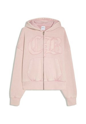 Hellrosa Kapuzenjacke mit Reißverschluss, Kängurutasche und erhabenen, gestickten Buchstaben "CR" auf der Brust, mit langen Ärmeln und gerippten Bündchen.