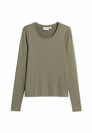 Olivinvihreä pitkähiha t-paita, joka on valmistettu sileästä, joustavasta kankaasta. Siinä on pyöreä pääntie ja rento istuvuus. Saumat ovat hienovaraisesti näkyvissä.