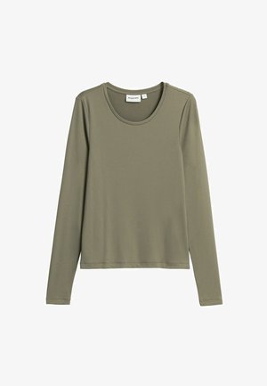 Olivengrøn langærmet T-shirt lavet af et glat, elastisk stof. Har en rund halsudskæring og en afslappet pasform. Syningerne er diskret synlige.