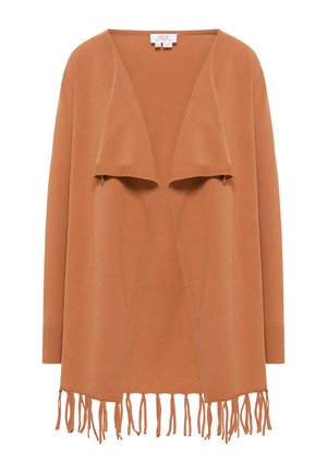 Langarm-Cardigan mit offener Vorderseite in einem warmen Braunton, aus weichem Stoff, mit einem drapierten Vorderteil und Fransen am Saum.