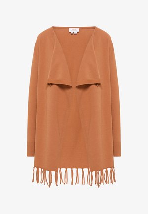 Langarm-Cardigan mit offener Vorderseite in einem warmen Braunton, aus weichem Stoff, mit einem drapierten Vorderteil und Fransen am Saum.
