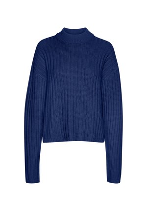 Maglione in maglia ribbed blu navy con collo alto, spalle scese e maniche lunghe. Presenta un design cropped e un tessuto testurizzato.