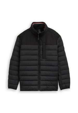 Black quilted jacket with horizontal stitching, full front zipper, standing collar, and chest zipper pocket.