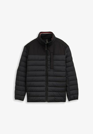 Black quilted jacket with horizontal stitching, full front zipper, standing collar, and chest zipper pocket.