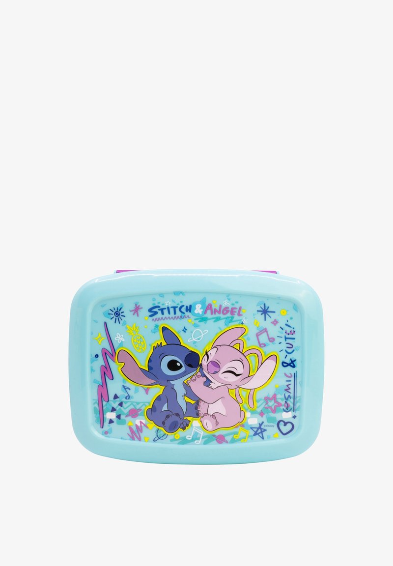 Light blue rectangular lunchbox featuring "Stitch & Angel" design with vibrant graphics, including musical notes and stars. Plastic material.