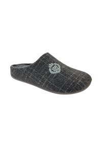 Grijze wollen slipper met een geruite patroon, ronde vorm en een geborduurd logo aan de zijkant. Heeft een gestructureerde buitenkant en een zachte voering.