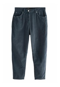 Pantaloni in corduroy blu scuro con cinque tasche, chiusura a bottone e gambe leggermente affusolate. Tessuto testurizzato con righe verticali.