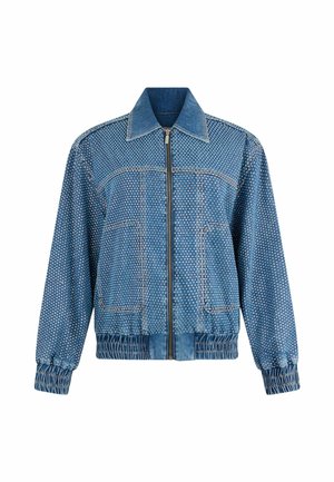 Giacca bomber in denim blu scuro con pois bianchi, chiusura con zip frontale, colletto, polsini e orlo elasticizzati. Presenta tasche laterali.