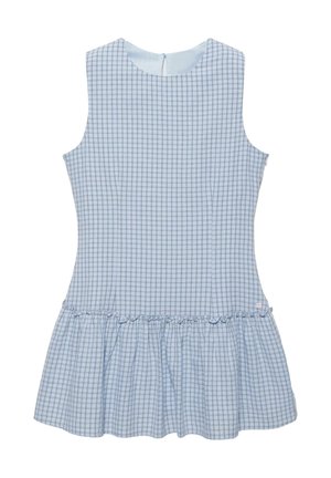 Bezrukávové svetlomodré šaty s drobným kockovaným vzorom, okrúhlym výstrihom, priliehavým pásom a volánovým lemom.