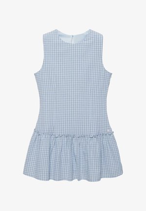 Sleeveless light blue dress with a small checkered pattern, round neckline, fitted waist, and ruffled hem.