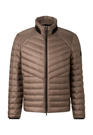 Braune gesteppte Steppjacke mit hohem Kragen, Chevron-Steppung, Seitentaschen und durchgehendem Reißverschluss. Texturiertes Gewebe und schwarze Akzente vorhanden.