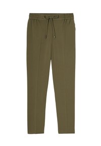 Pantalons en tissu doux vert olive avec une taille élastique, fermeture à cordon de serrage et deux plis à l'avant pour un look ajusté.