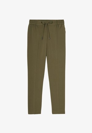 Pantalons en tissu doux vert olive avec une taille élastique, fermeture à cordon de serrage et deux plis à l'avant pour un look ajusté.