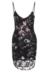 Schwarzes Spitzenkleid mit floralen Motiven, verstellbaren Spaghetti-Trägern, passformbetonter Silhouette und transparenter Säume mit Blumenmustern in Rosatönen und Weiß.